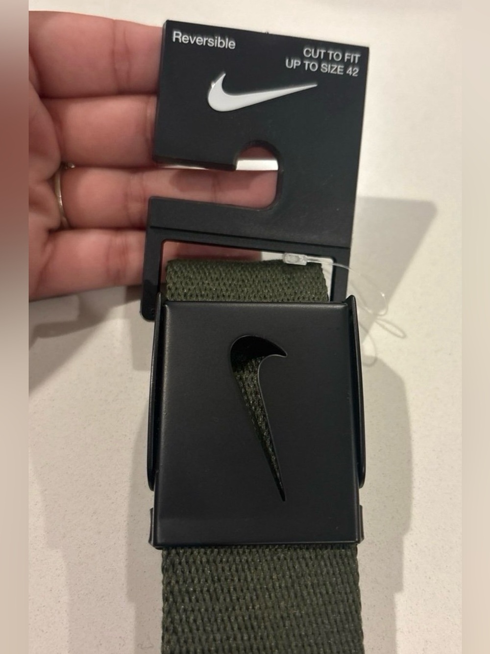 Nike Olive Green Web Belt with Black Swoosh Buckle